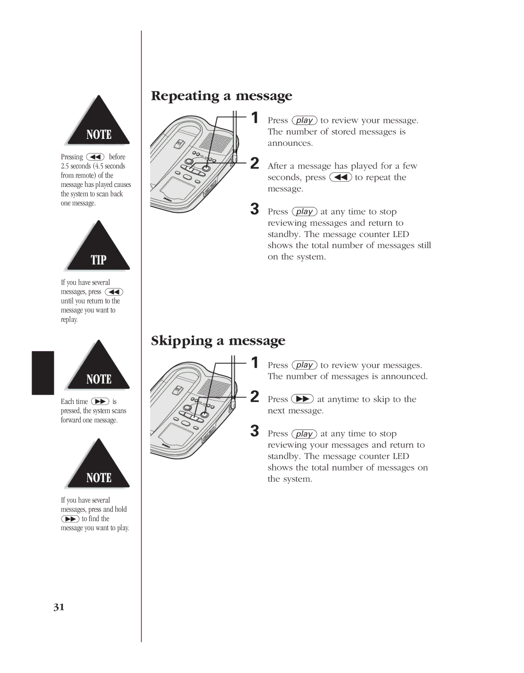 Uniden EXLA8950 manual Repeating a message, Skipping a message 