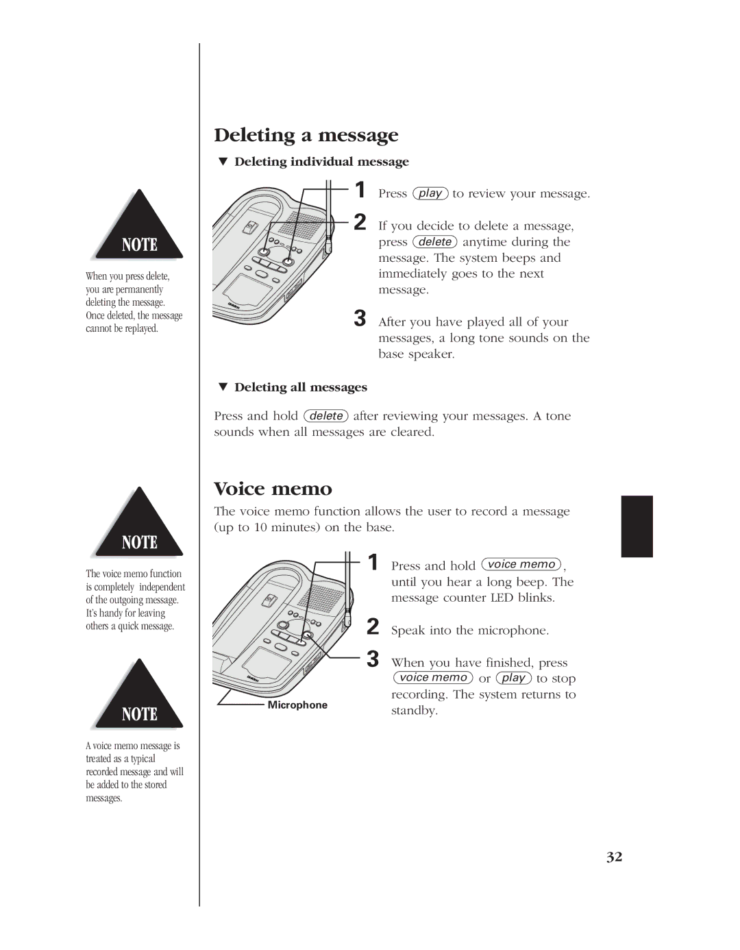 Uniden EXLA8950 manual Deleting a message, Voice memo, » Deleting individual message, » Deleting all messages 