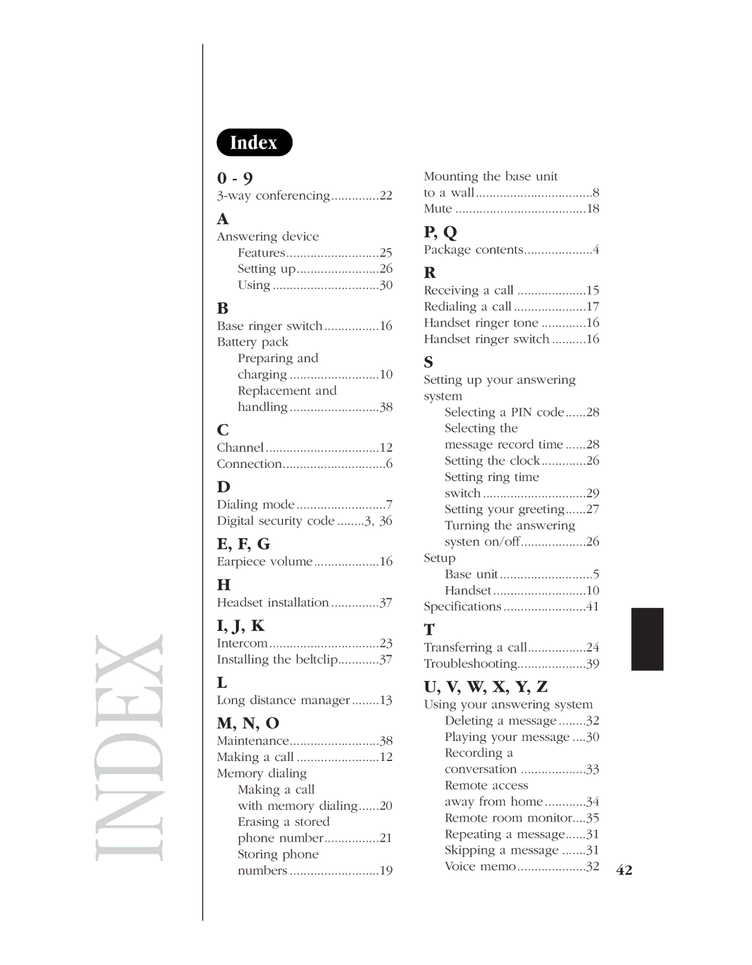 Uniden EXLA8950 manual Index, W, X, Y, Z 