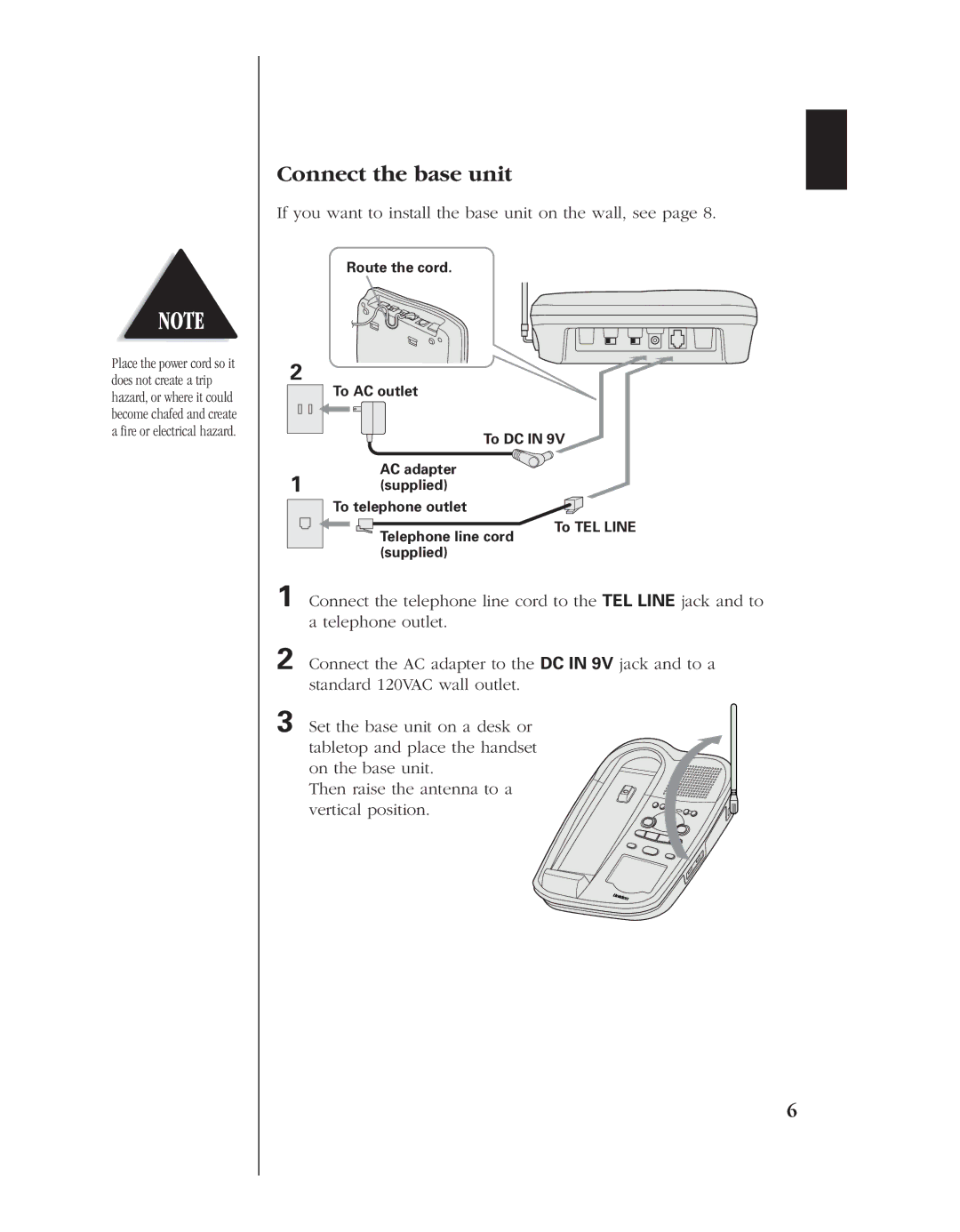 Uniden EXLA8950 manual Connect the base unit, If you want to install the base unit on the wall, see 