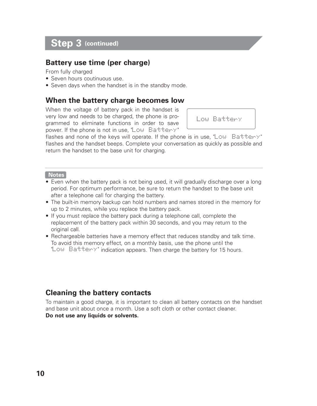 Uniden EXLI 8962 Battery use time per charge, When the battery charge becomes low, Cleaning the battery contacts 