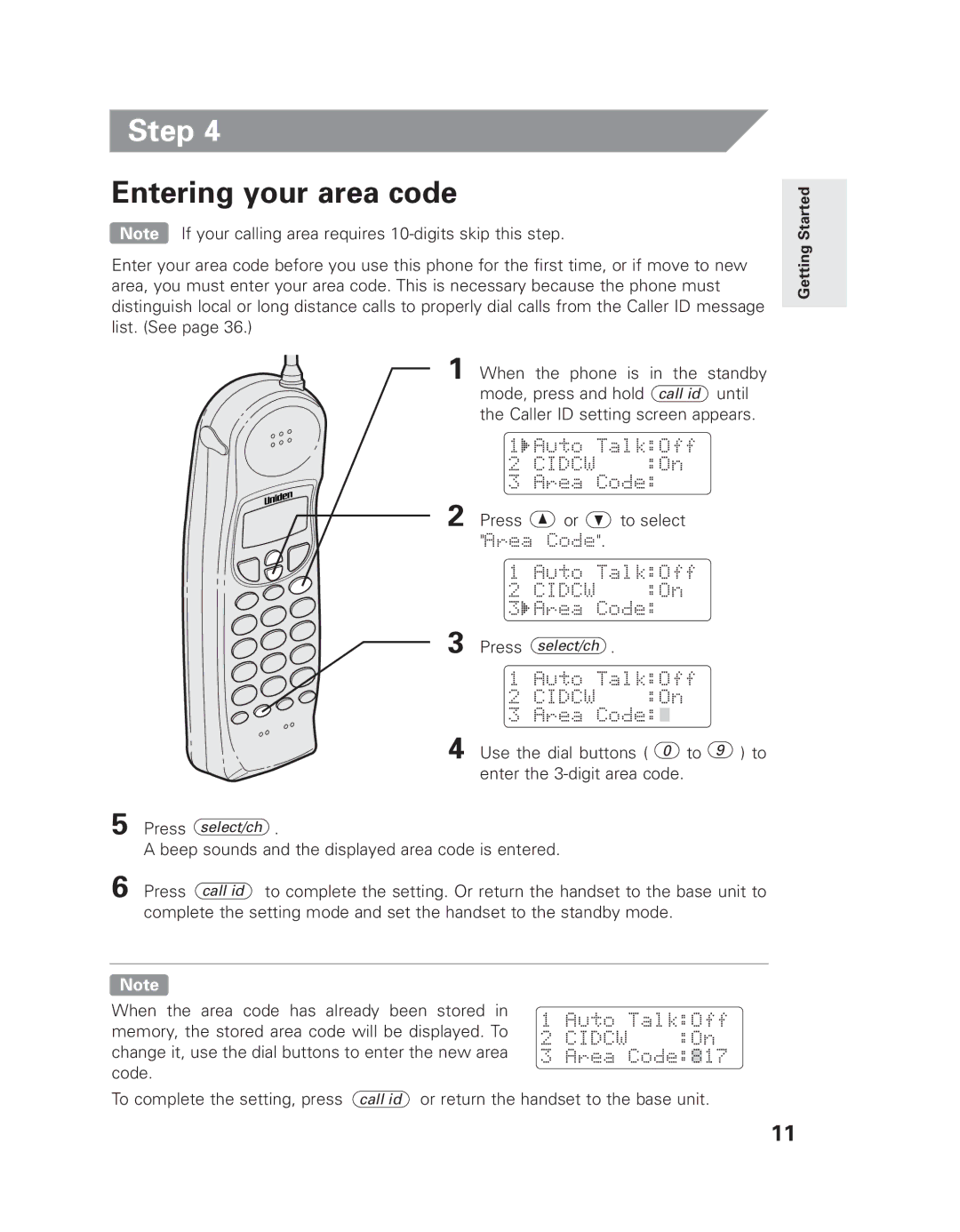 Uniden EXLI 8962 owner manual Entering your area code 