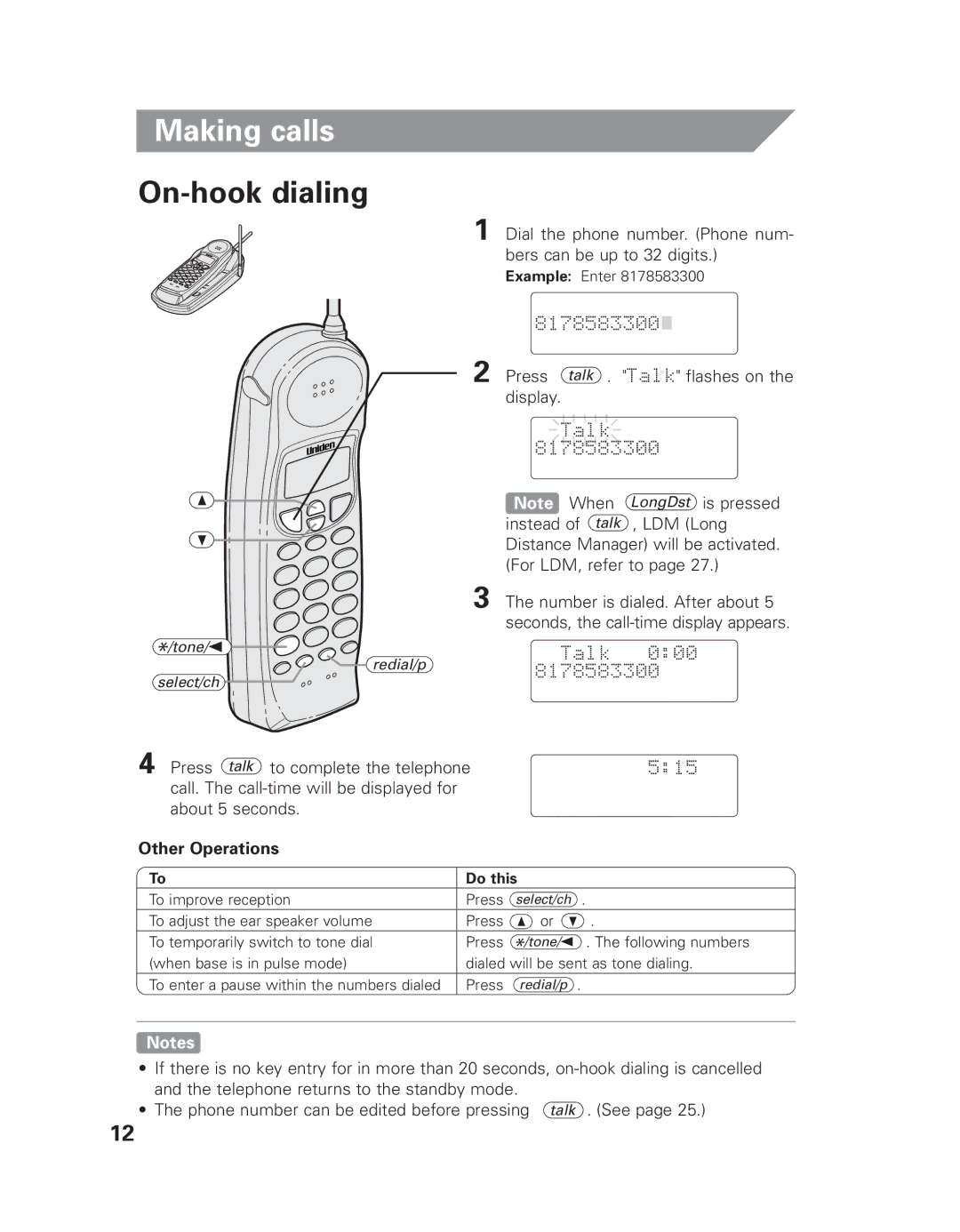 Uniden EXLI 8962 owner manual Making calls, On-hook dialing, Press talk . Talk flashes on the display 