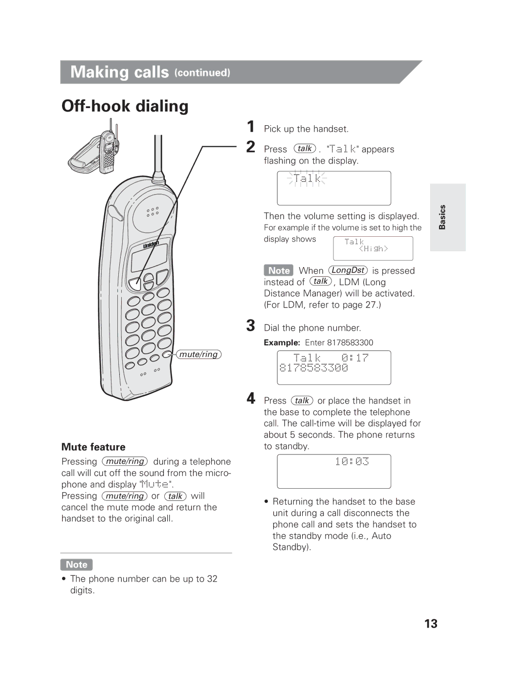 Uniden EXLI 8962 owner manual Off-hook dialing, Mute feature, Then the volume setting is displayed, Dial the phone number 