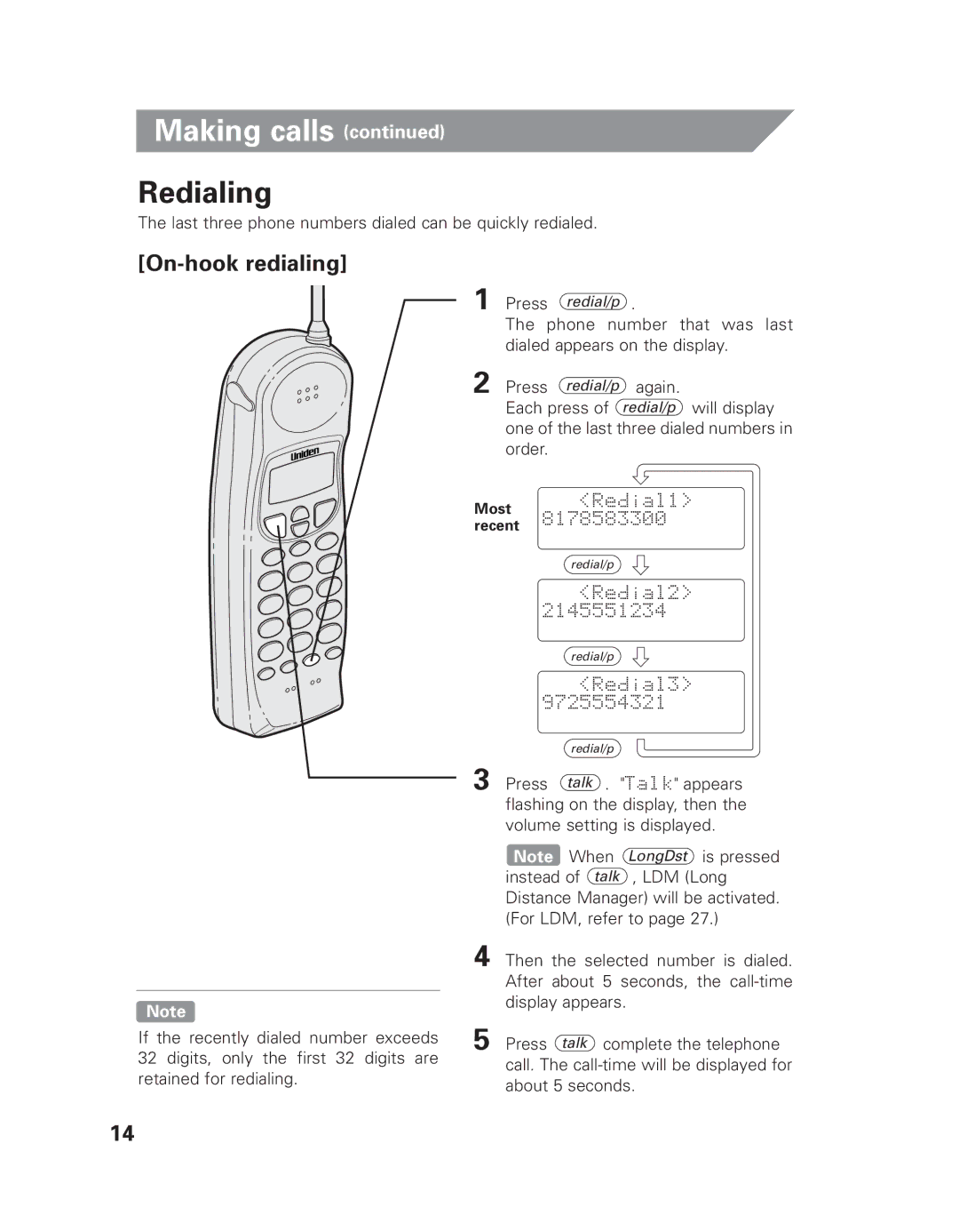 Uniden EXLI 8962 owner manual Redialing, On-hook redialing, Last three phone numbers dialed can be quickly redialed 