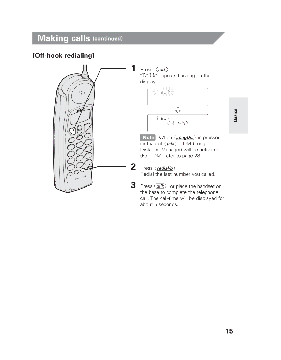 Uniden EXLI 8962 owner manual Off-hook redialing, Press talk Talk appears flashing on the display 