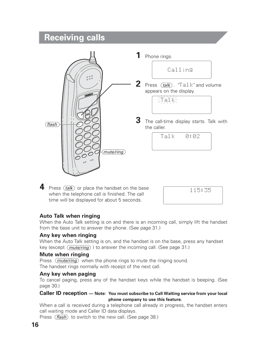 Uniden EXLI 8962 Receiving calls, Auto Talk when ringing, Any key when ringing, Mute when ringing, Any key when paging 