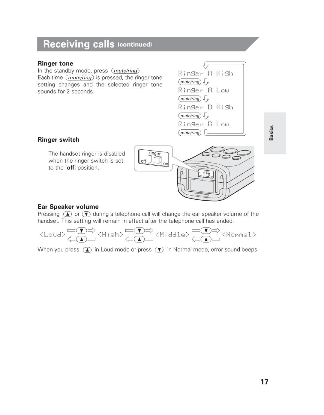 Uniden EXLI 8962 owner manual Ringer tone, Ringer switch, Ear Speaker volume 