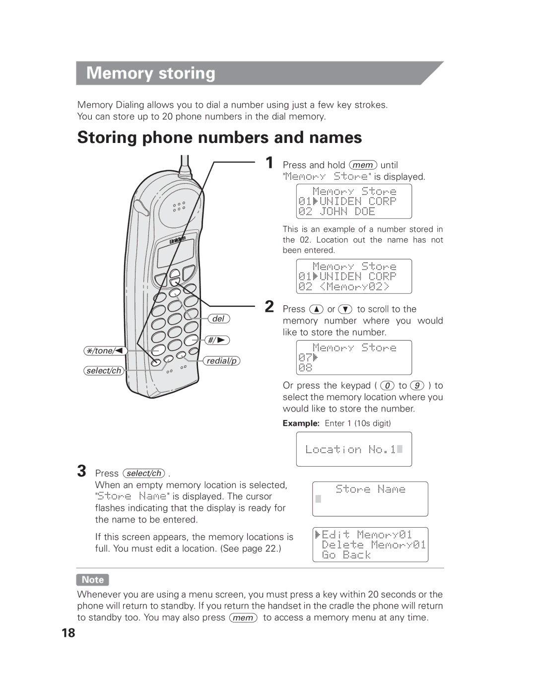 Uniden EXLI 8962 Memory storing, Storing phone numbers and names, Press and hold mem until Memory Store is displayed 