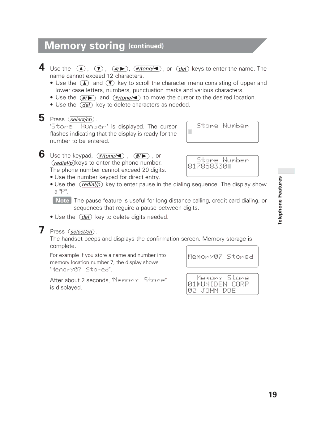 Uniden EXLI 8962 owner manual Number is displayed. The cursor, Redial/p keys to enter the phone number 