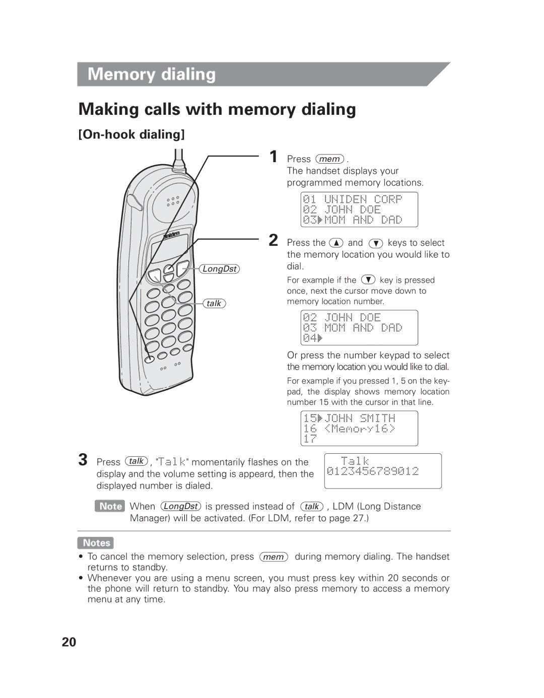 Uniden EXLI 8962 owner manual Memory dialing, Making calls with memory dialing, On-hook dialing 