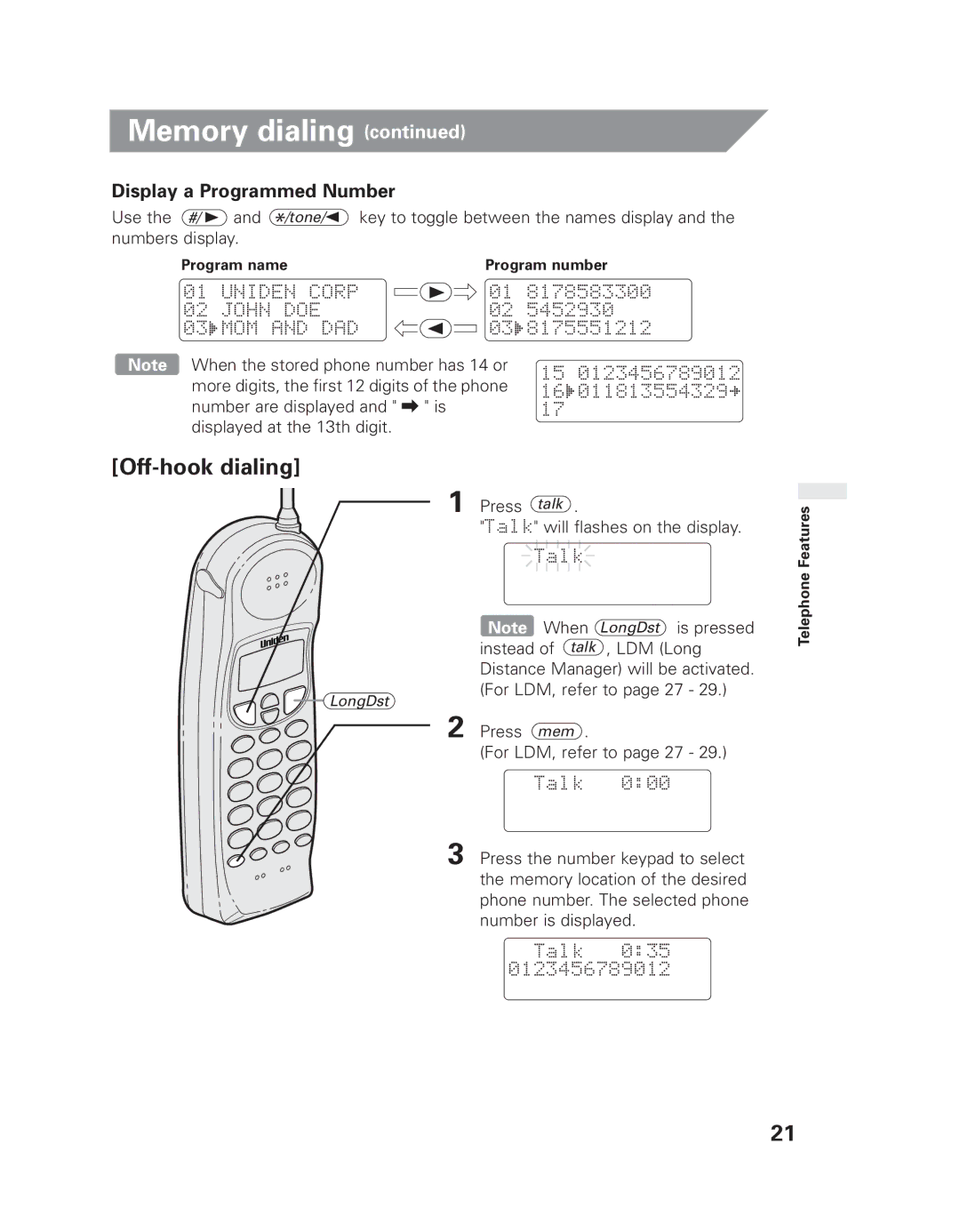 Uniden EXLI 8962 owner manual Off-hook dialing, Display a Programmed Number 