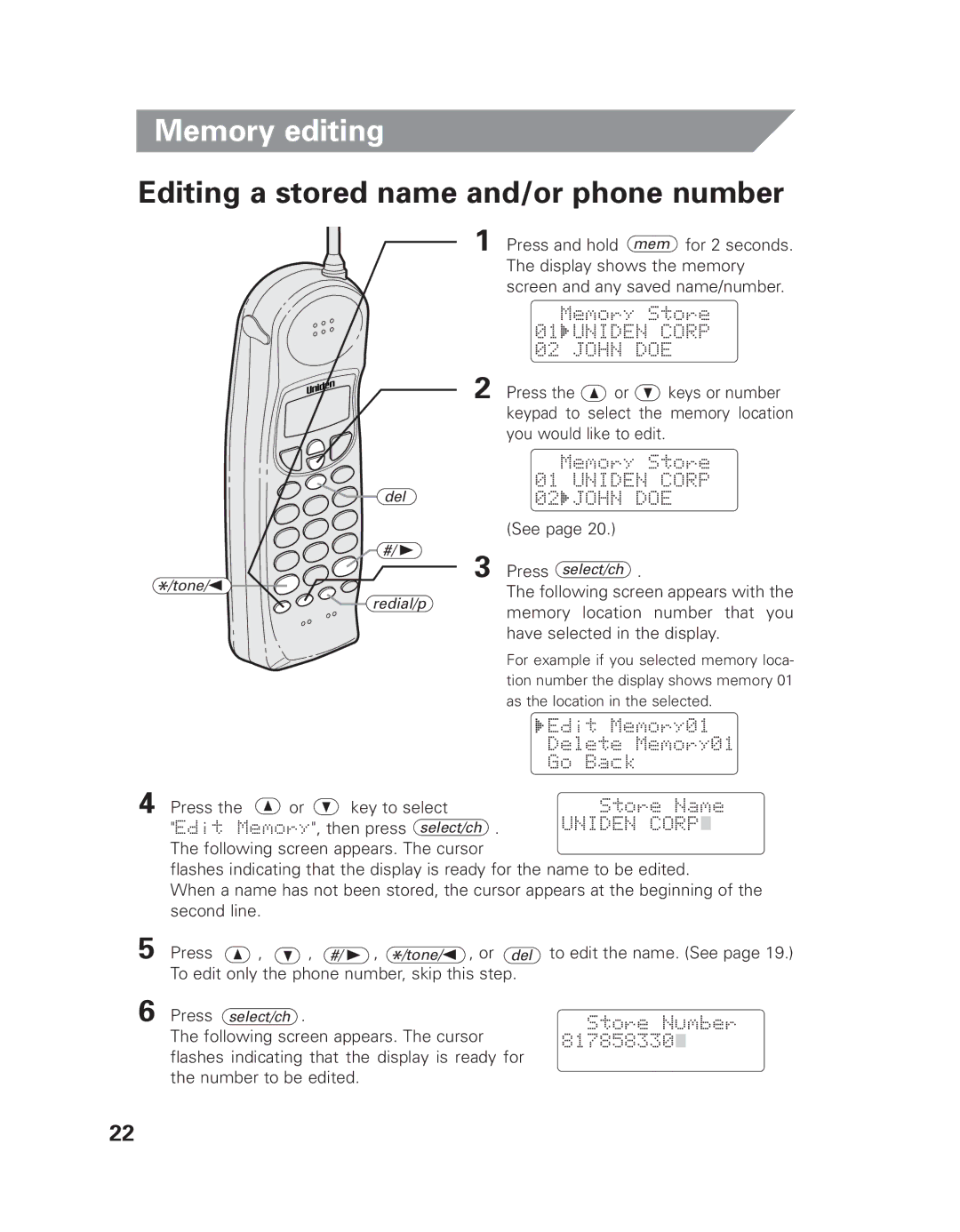 Uniden EXLI 8962 owner manual Memory editing, Editing Stored name and/or phone number 