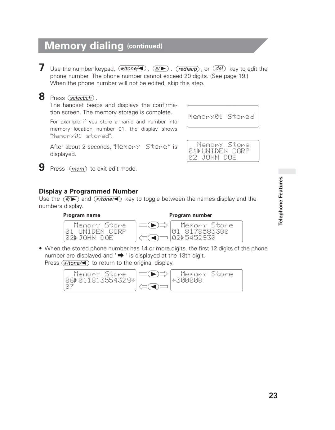 Uniden EXLI 8962 owner manual After about 2 seconds, Memory, Displayed, Press mem to exit edit mode 