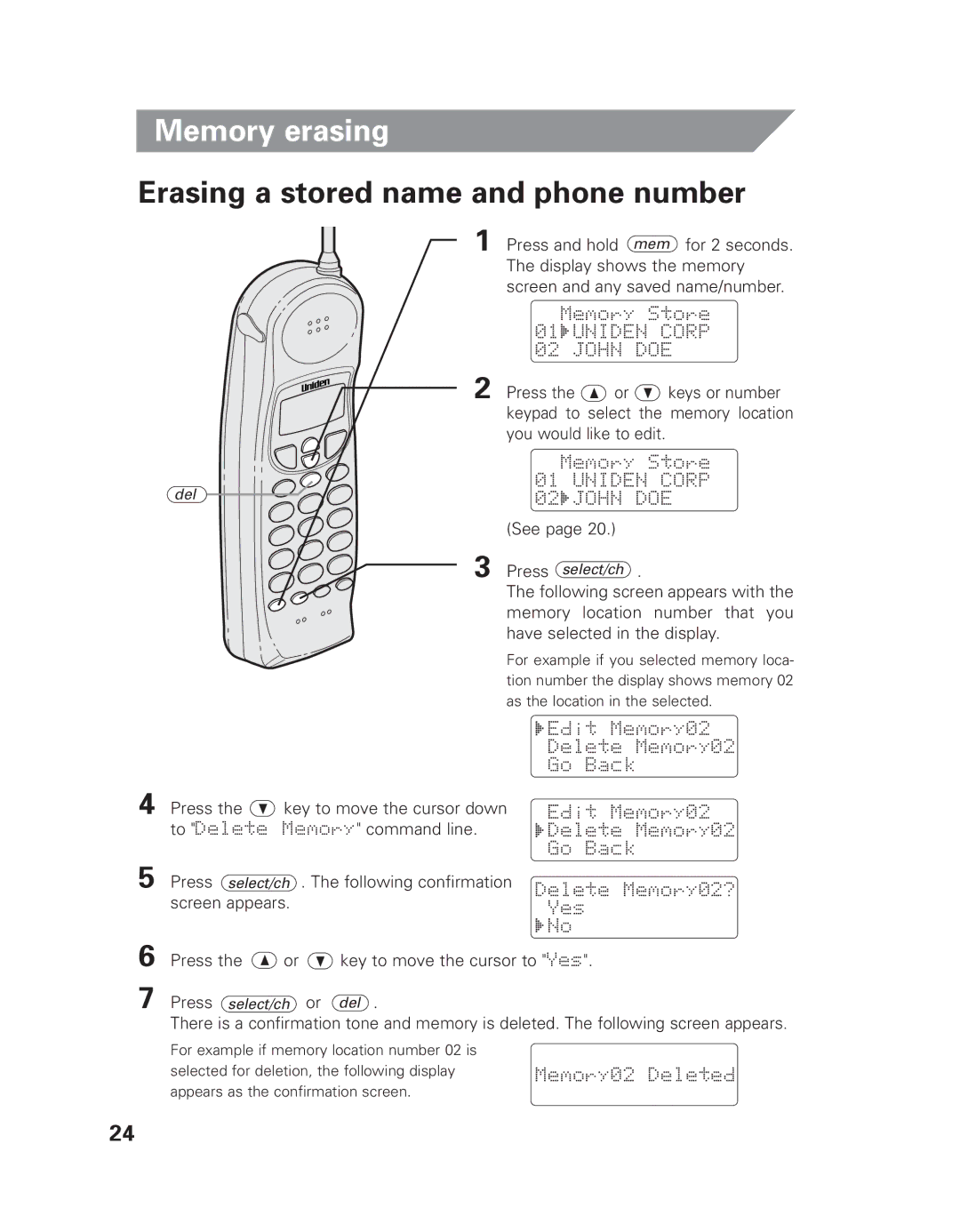 Uniden EXLI 8962 owner manual Memory erasing, Erasing a stored name and phone number 