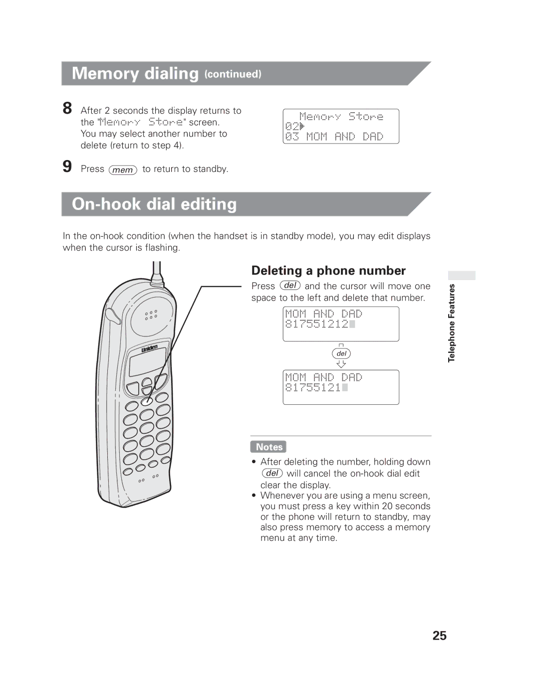 Uniden EXLI 8962 owner manual On-hook dial editing, Deleting a phone number 