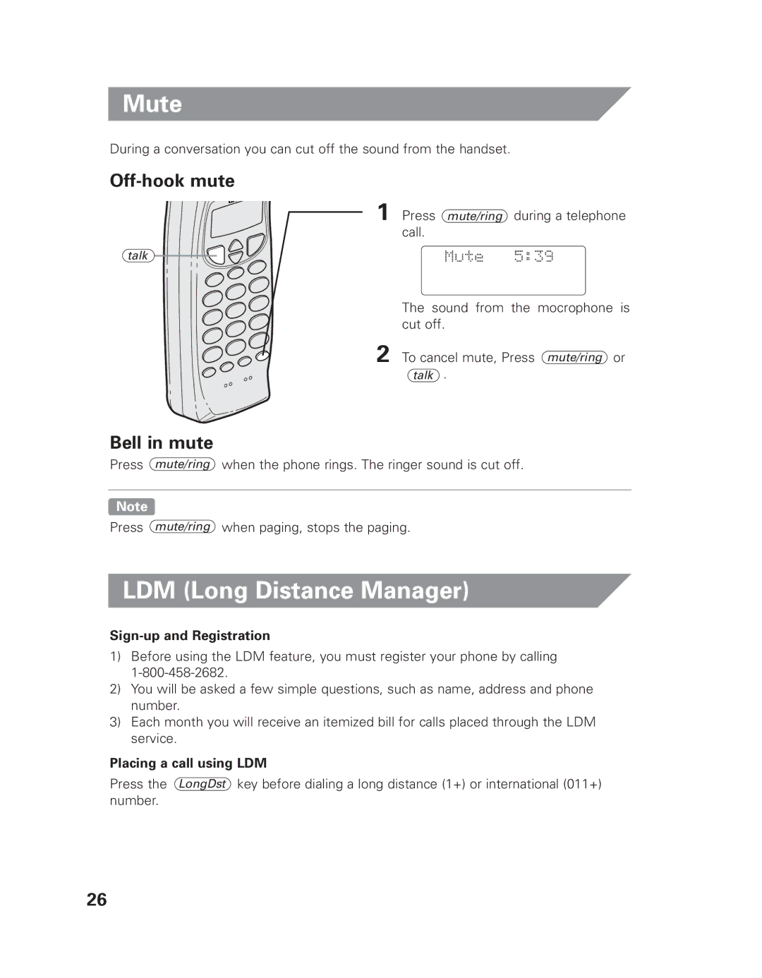 Uniden EXLI 8962 owner manual Mute, LDM Long Distance Manager, Off-hook mute, Bell in mute 