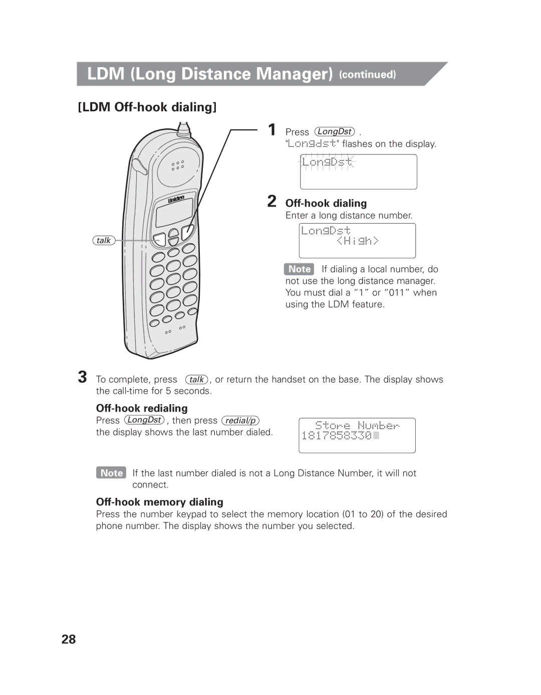 Uniden EXLI 8962 owner manual LDM Off-hook dialing, Off-hook redialing, Off-hook memory dialing 