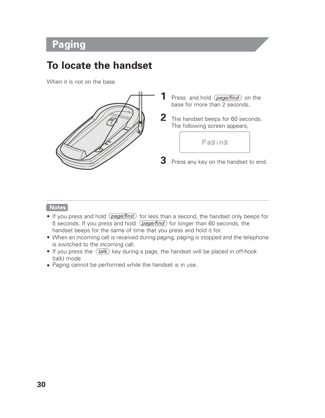 Uniden EXLI 8962 owner manual Paging, To locate the handset, Press any key on the handset to end 