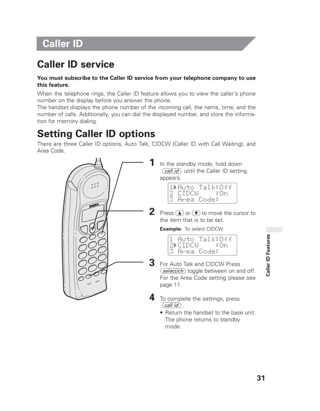 Uniden EXLI 8962 owner manual Caller ID service, Setting Caller ID options 