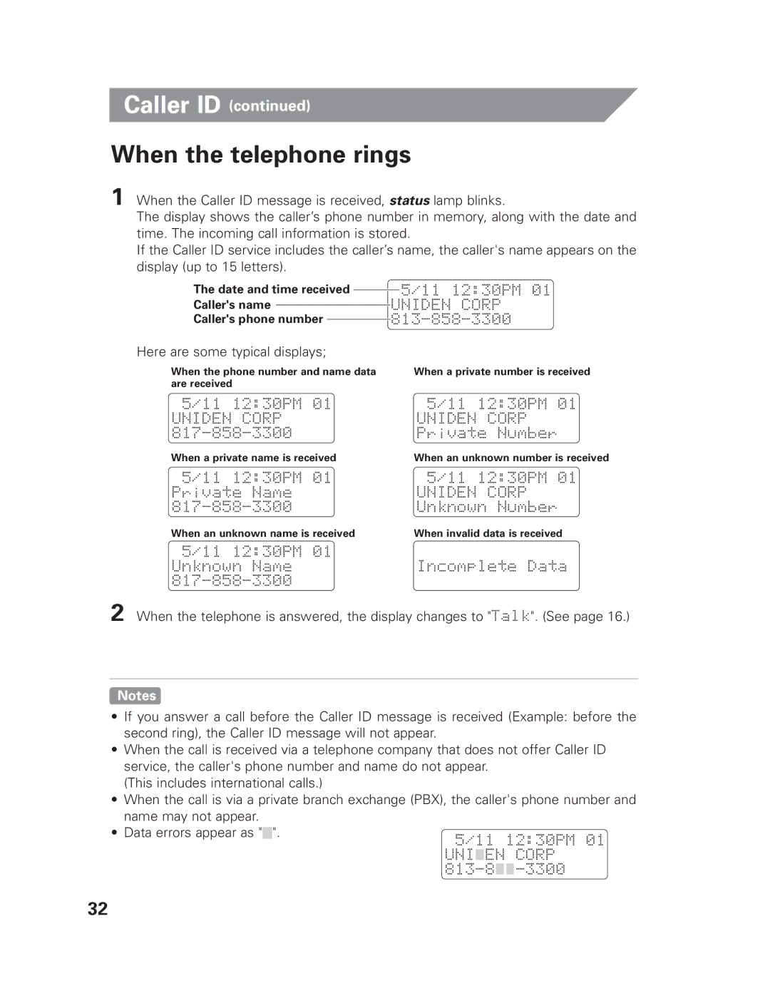 Uniden EXLI 8962 owner manual When the telephone rings, Here are some typical displays 