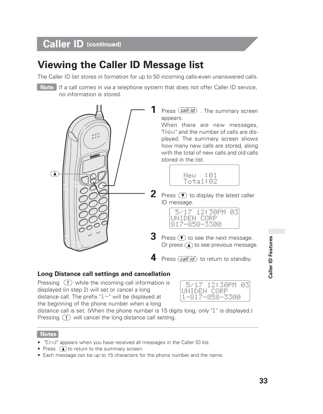 Uniden EXLI 8962 owner manual Viewing the Caller ID Message list, Long Distance call settings and cancellation 