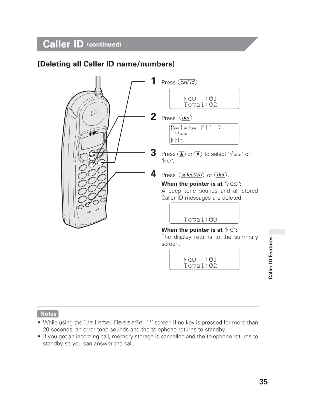 Uniden EXLI 8962 owner manual Deleting all Caller ID name/numbers, Display returns to the summary screen 