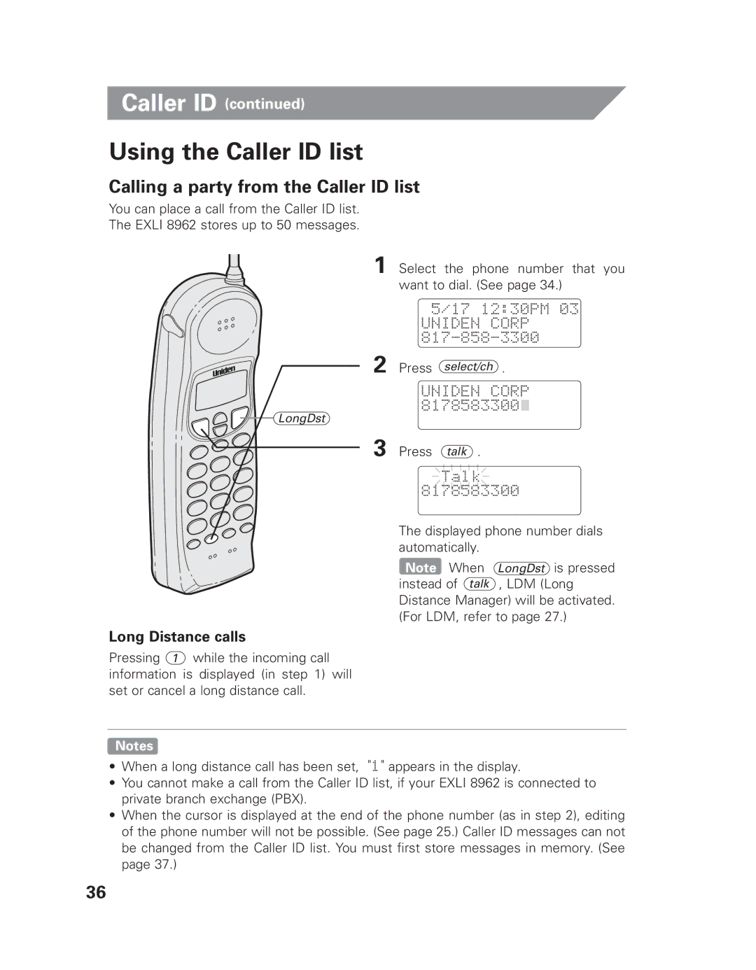 Uniden EXLI 8962 owner manual Using the Caller ID list, Calling a party from the Caller ID list, Long Distance calls 