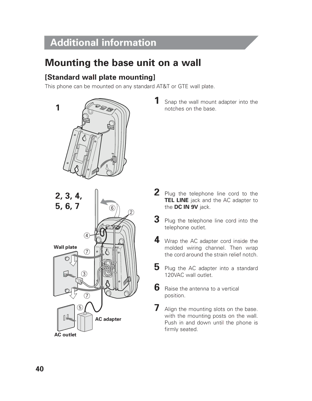 Uniden EXLI 8962 owner manual Mounting the base unit on a wall, Standard wall plate mounting 