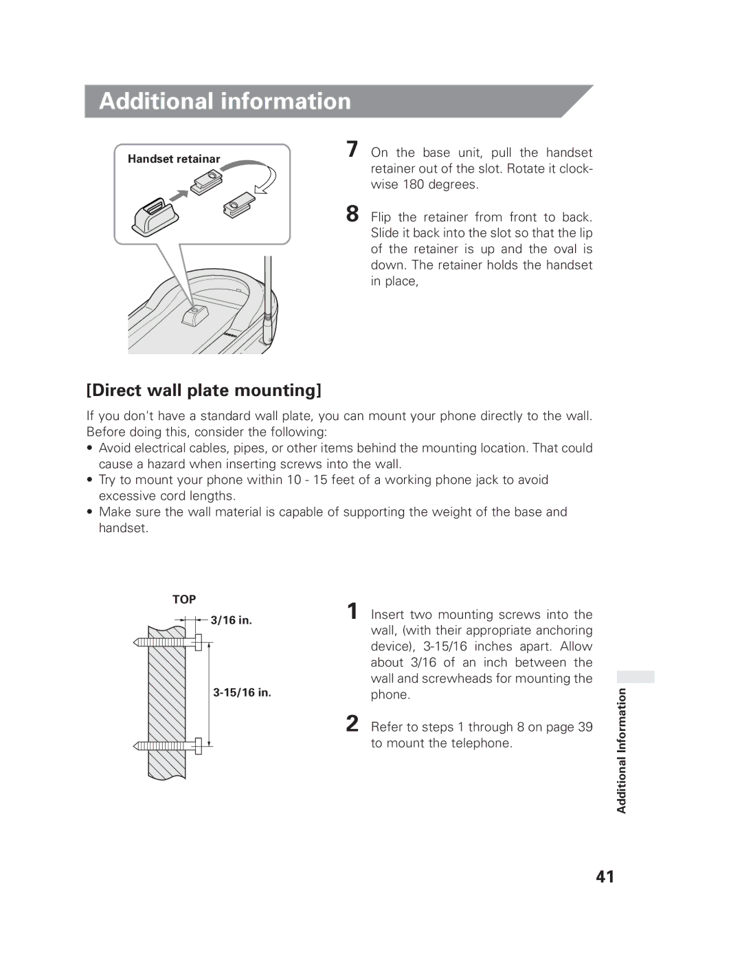 Uniden EXLI 8962 Direct wall plate mounting, On the base unit, pull the handset, Retainer out of the slot. Rotate it clock 