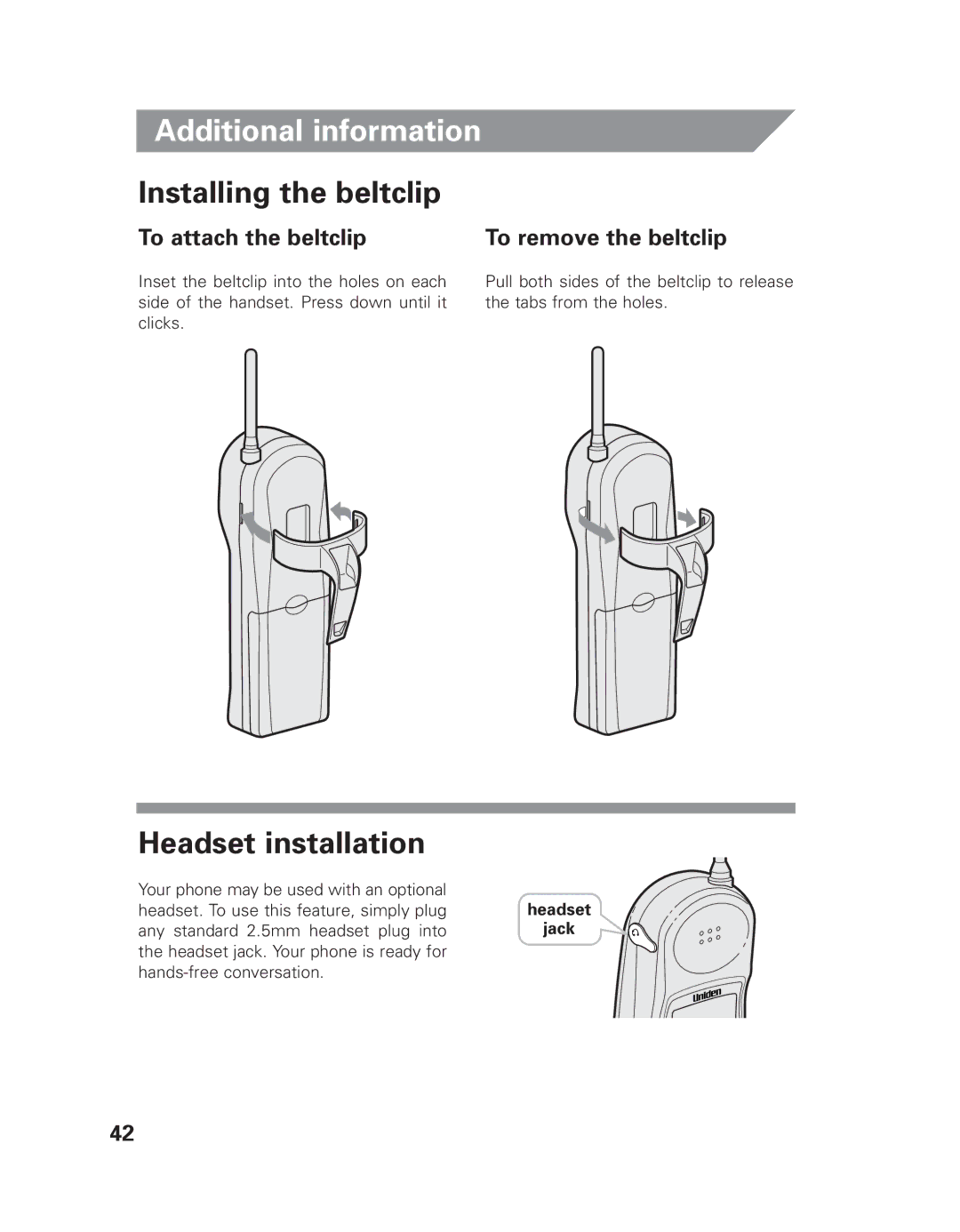Uniden EXLI 8962 owner manual Installing the beltclip, Headset installation, To attach the beltclip To remove the beltclip 