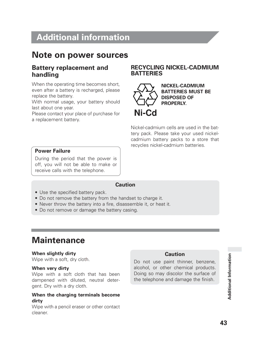 Uniden EXLI 8962 owner manual Maintenance, Battery replacement and handling, Power Failure, Wipe with a soft, dry cloth 