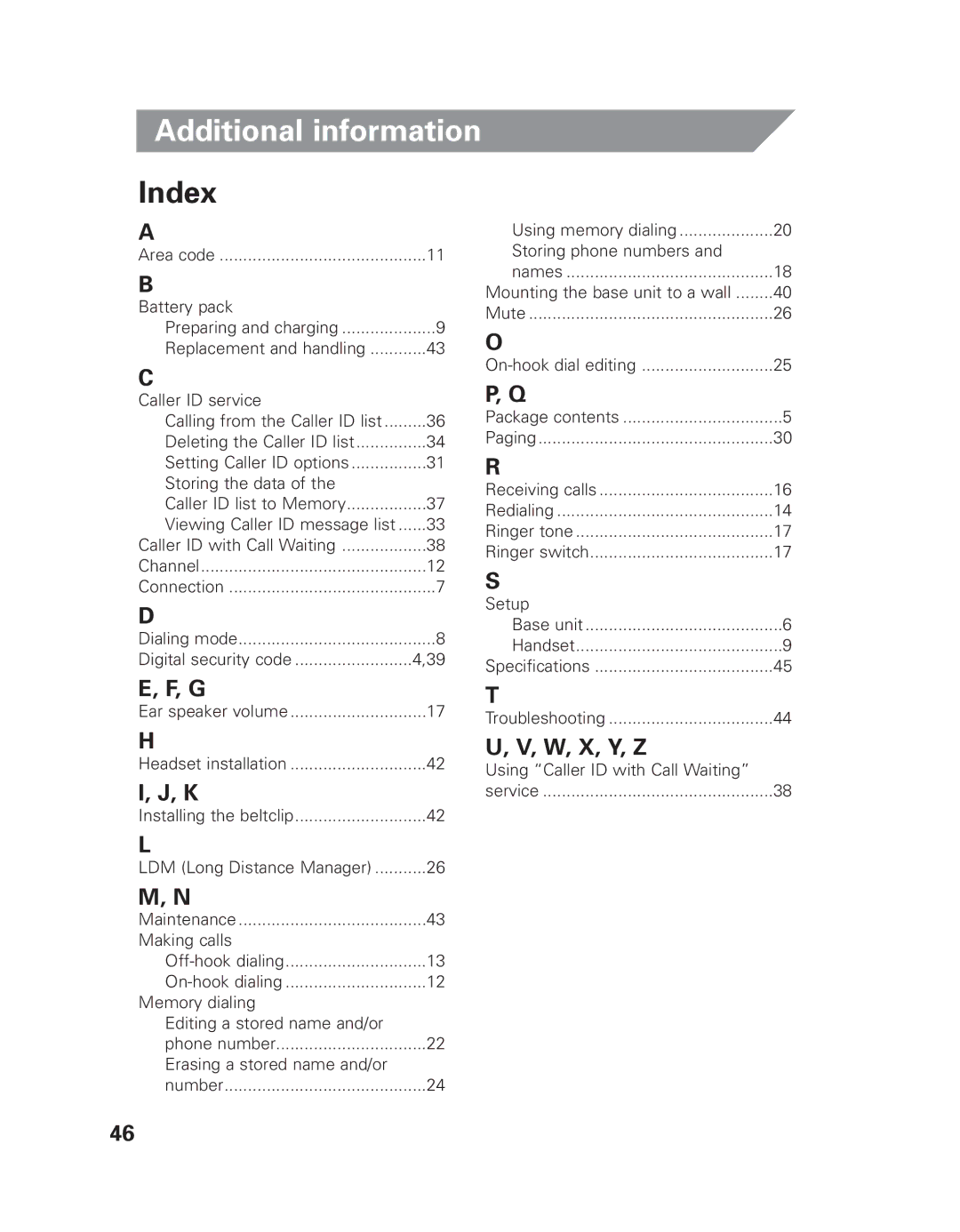 Uniden EXLI 8962 owner manual Index, W, X, Y, Z 