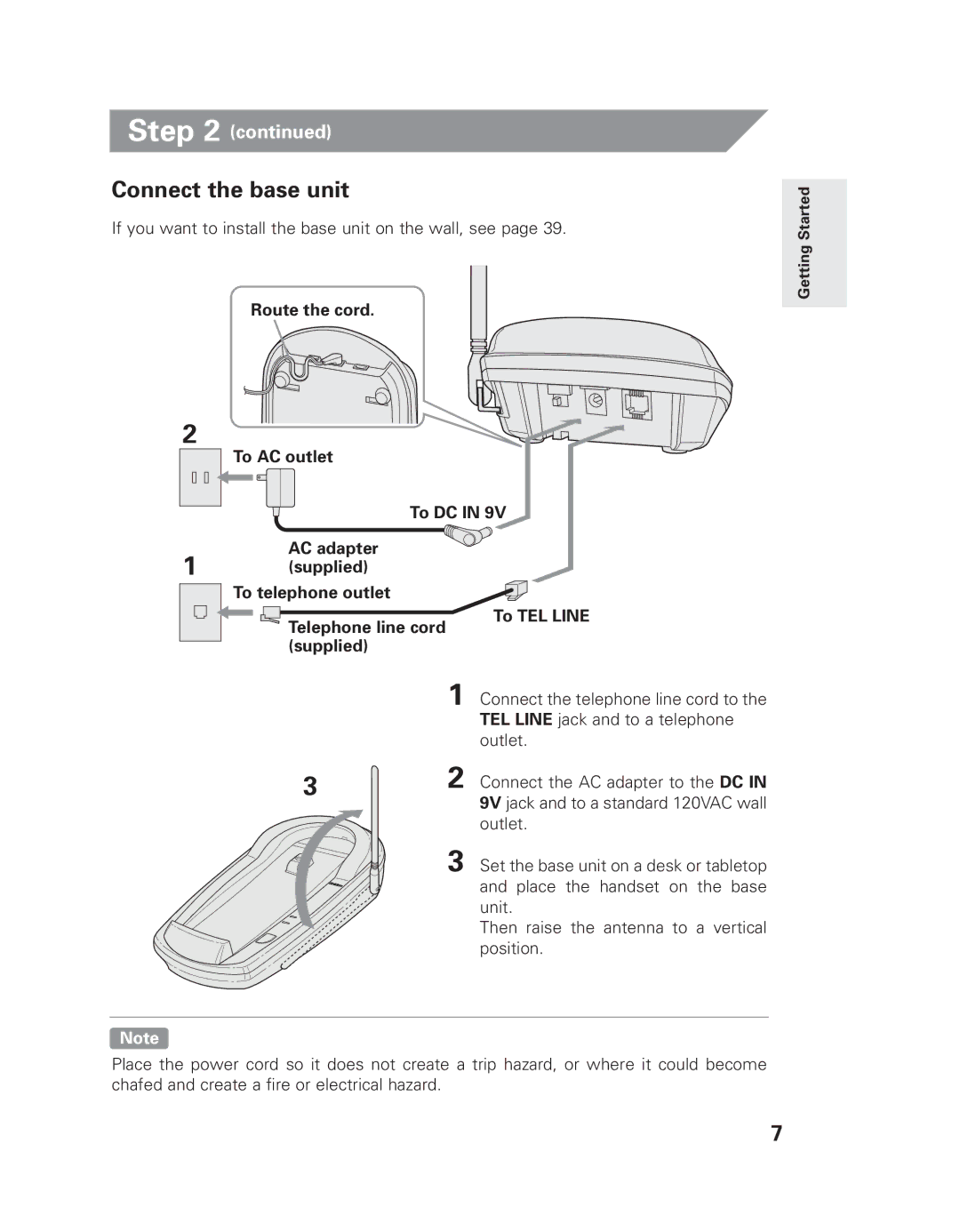 Uniden EXLI 8962 owner manual Connect the base unit, If you want to install the base unit on the wall, see 