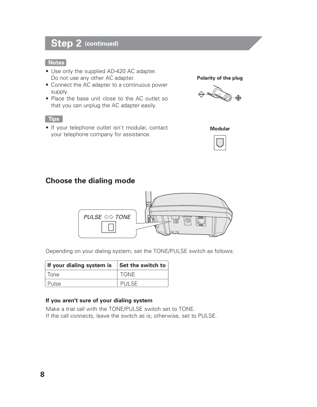 Uniden EXLI 8962 owner manual Choose the dialing mode, ToneTONE PulsePULSE 