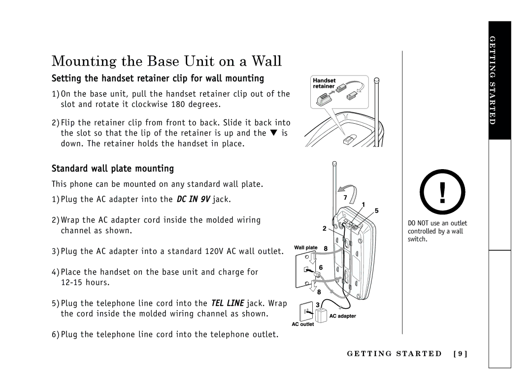 Uniden EXP-2900 manual Mounting the Base Unit on a Wall, Setting the handset retainer clip for wall mounting 