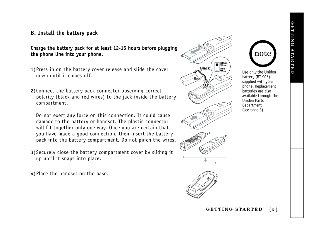 Uniden EXP-2900 manual Install the battery pack, Getting Started 