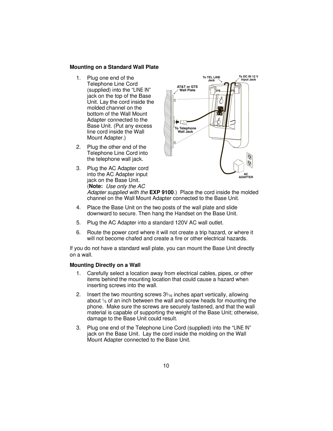 Uniden EXP 9100 specifications Mounting on a Standard Wall Plate, Mounting Directly on a Wall 