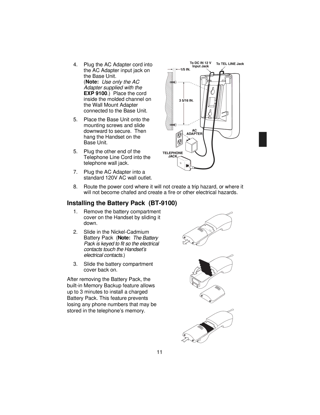 Uniden EXP 9100 specifications Installing the Battery Pack BT-9100 