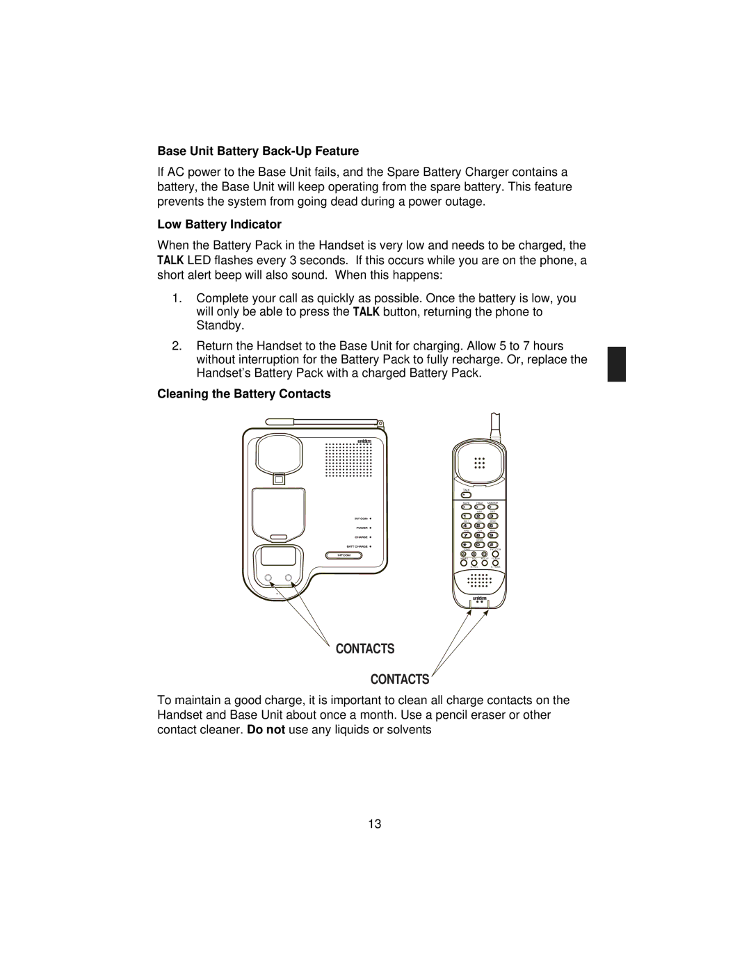 Uniden EXP 9100 specifications Base Unit Battery Back-Up Feature, Low Battery Indicator, Cleaning the Battery Contacts 