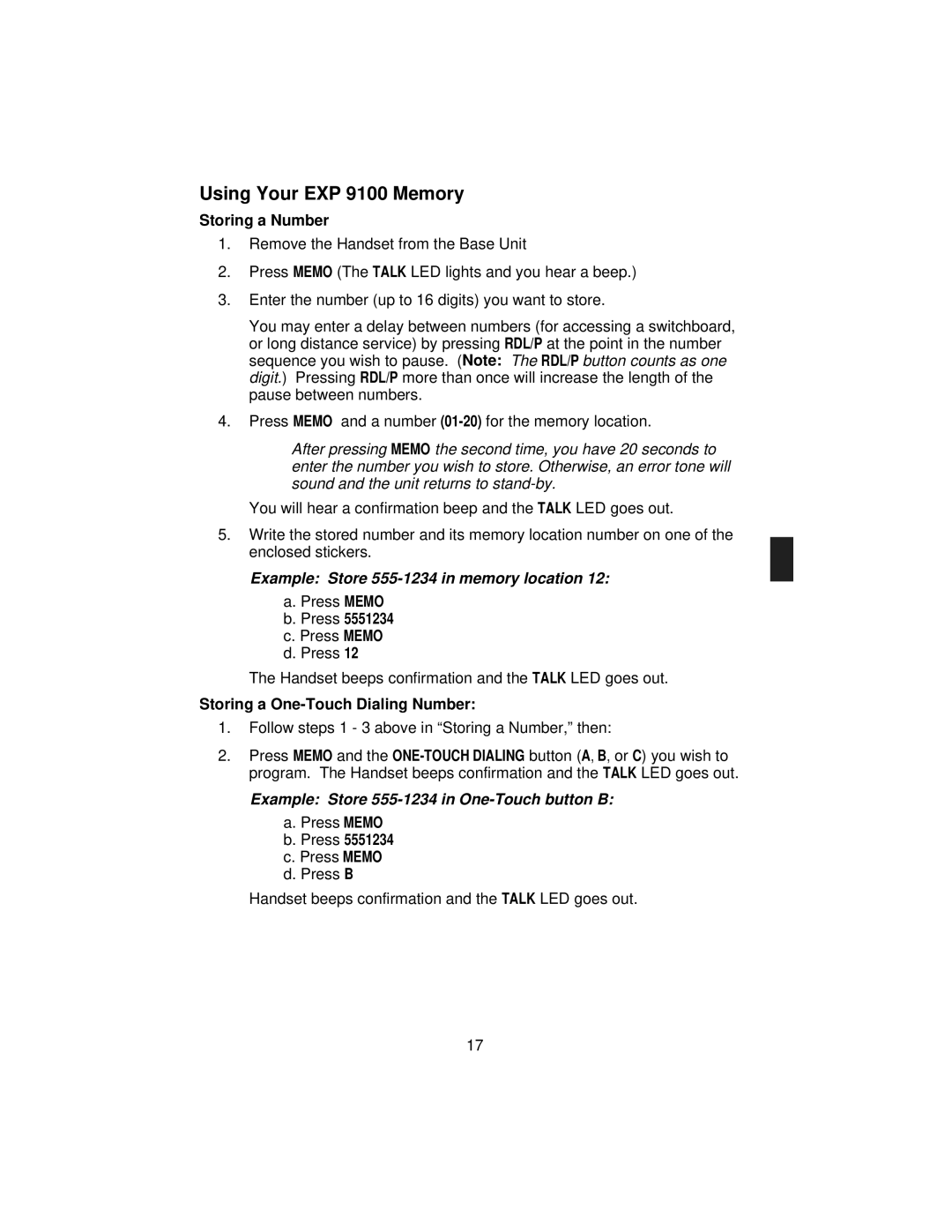 Uniden specifications Using Your EXP 9100 Memory, Storing a Number, Press, Storing a One-Touch Dialing Number 