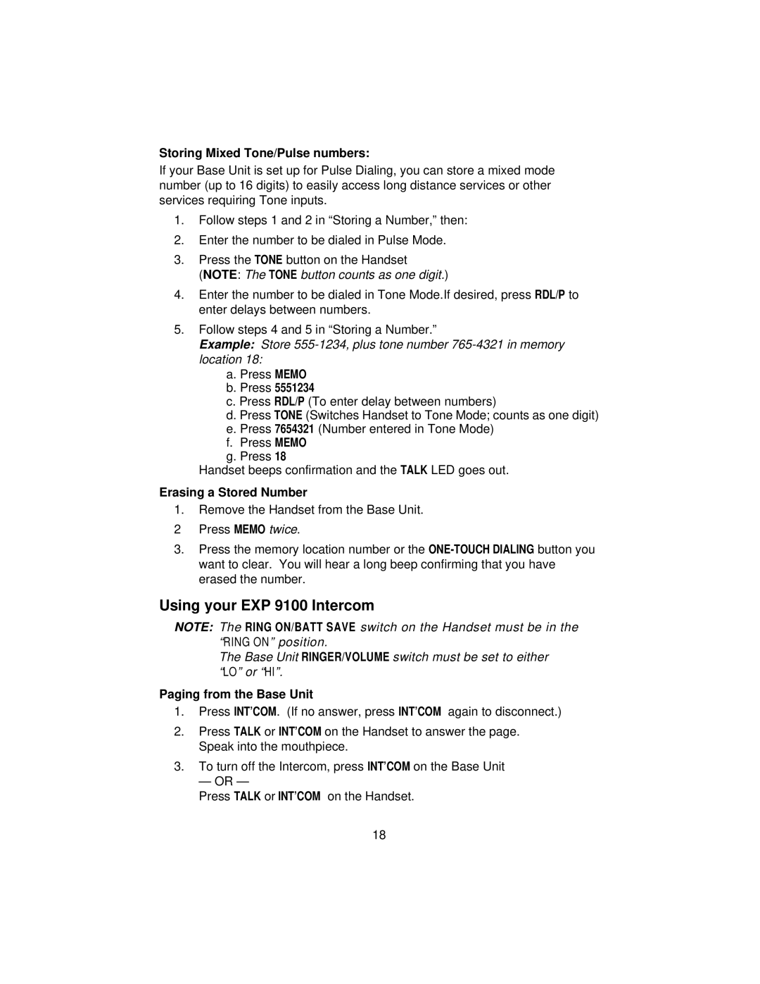 Uniden specifications Using your EXP 9100 Intercom, Storing Mixed Tone/Pulse numbers, Erasing a Stored Number 