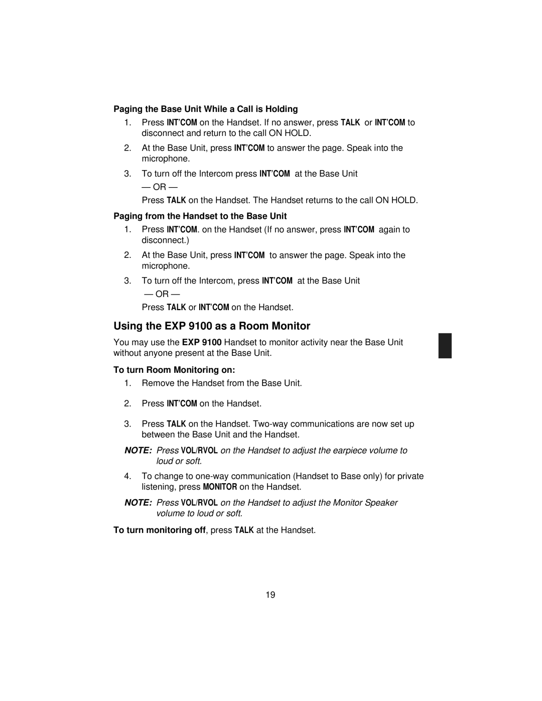 Uniden Using the EXP 9100 as a Room Monitor, Paging the Base Unit While a Call is Holding, To turn Room Monitoring on 