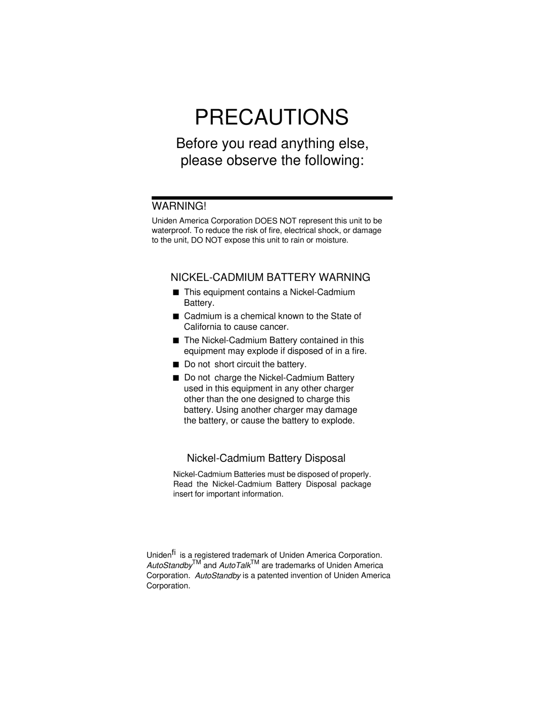 Uniden EXP 9100 specifications Precautions, Nickel-Cadmium Battery Disposal 