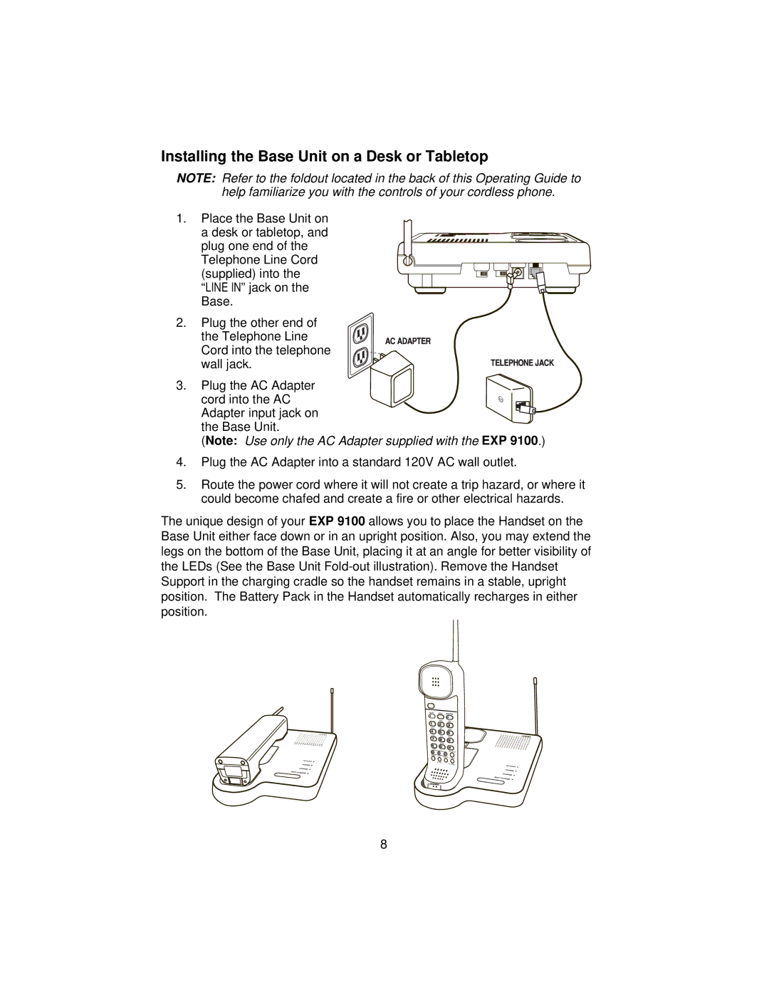 Uniden EXP 9100 specifications Installing the Base Unit on a Desk or Tabletop 