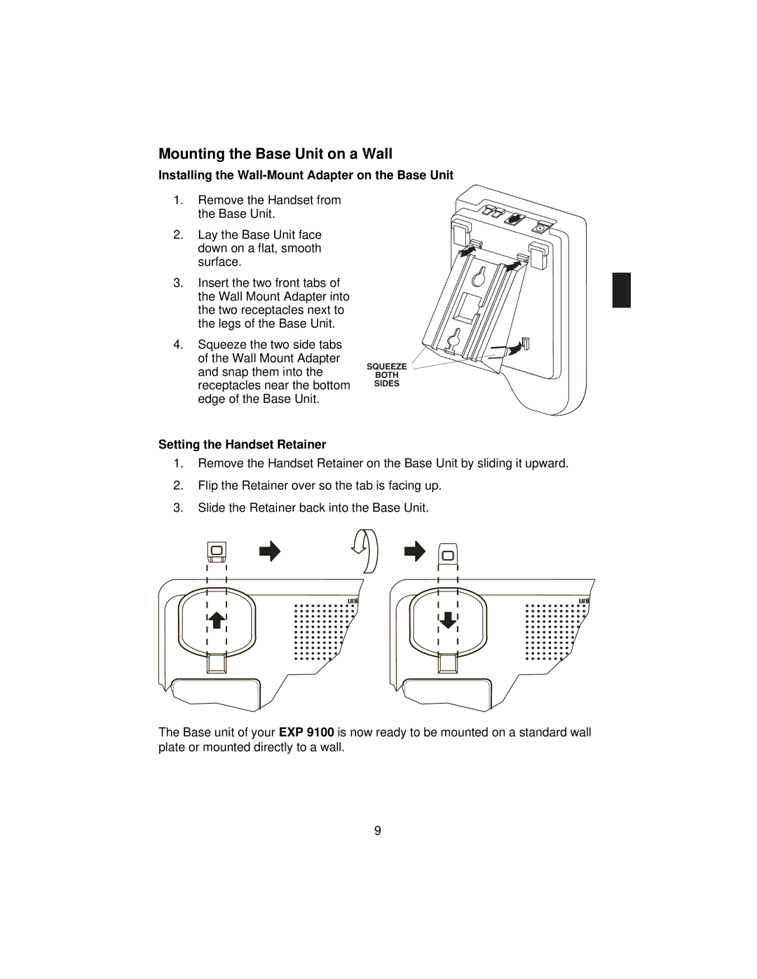 Uniden EXP 9100 specifications Mounting the Base Unit on a Wall, Installing the Wall-Mount Adapter on the Base Unit 