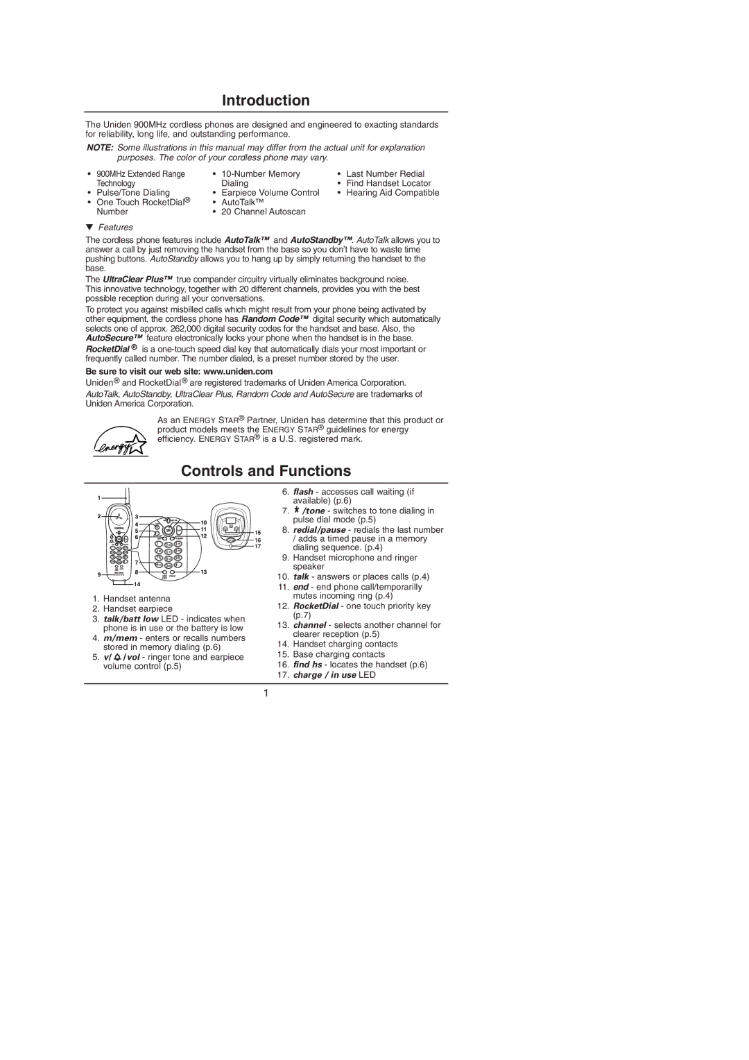 Uniden EXP 971 Series manual Introduction, Controls and Functions 