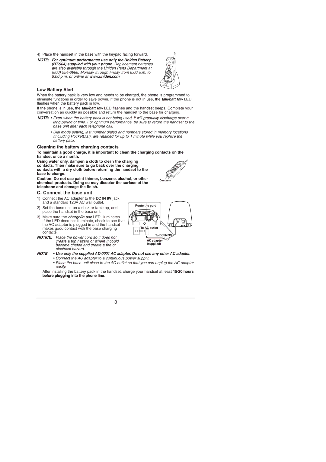 Uniden EXP 971 Series manual Low Battery Alert, Cleaning the battery charging contacts, Connect the base unit 