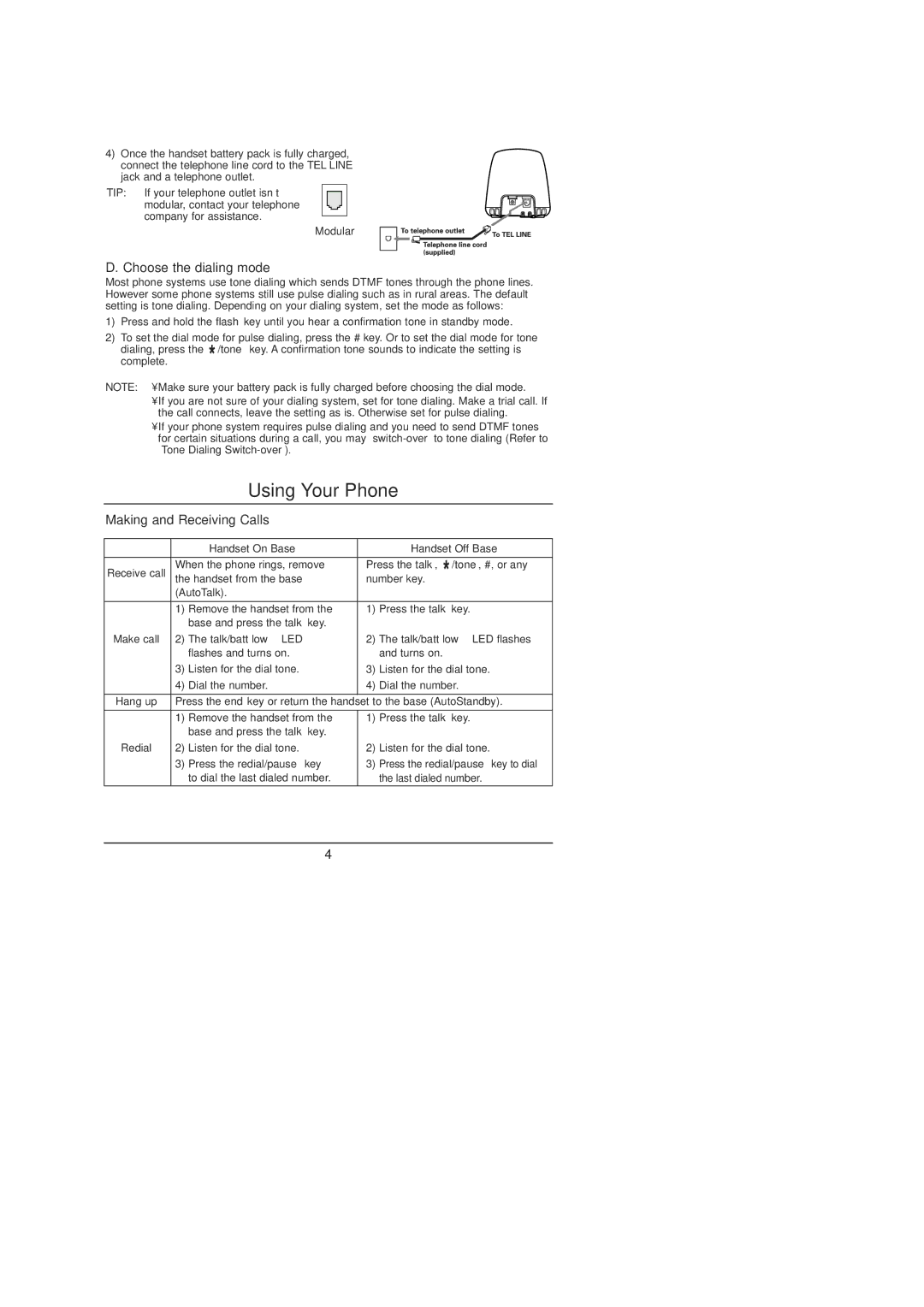 Uniden EXP 971 Series manual Using Your Phone, Choose the dialing mode, Making and Receiving Calls 