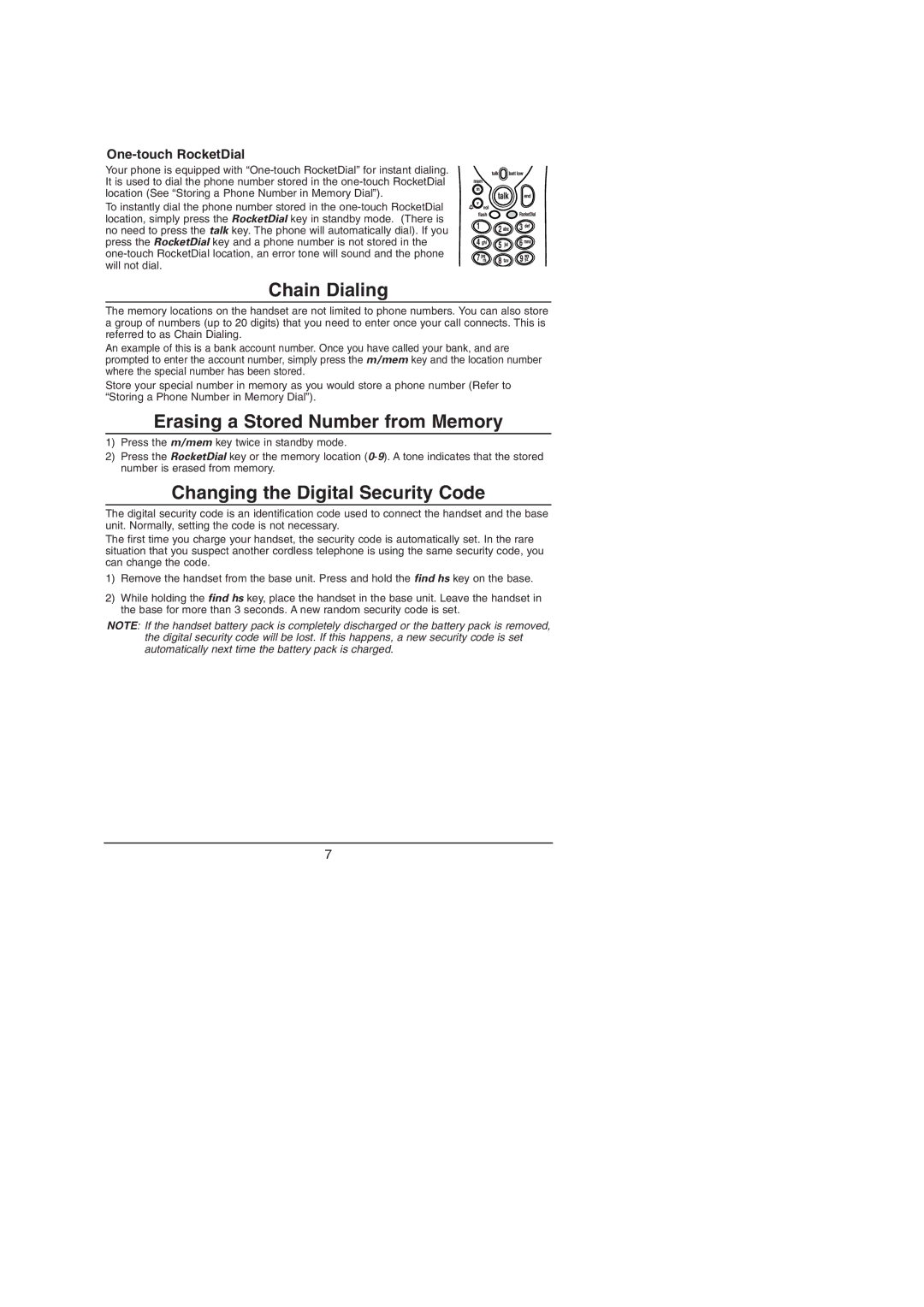 Uniden EXP 971 Series manual Chain Dialing, Erasing a Stored Number from Memory, Changing the Digital Security Code 